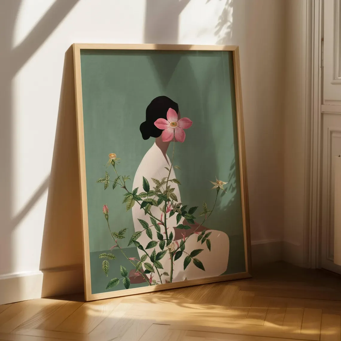 Green Flower Head Woman Wall Art, Botanical Print, Abstract People, Large Floral Poster, Maximalist Living Room Decor,