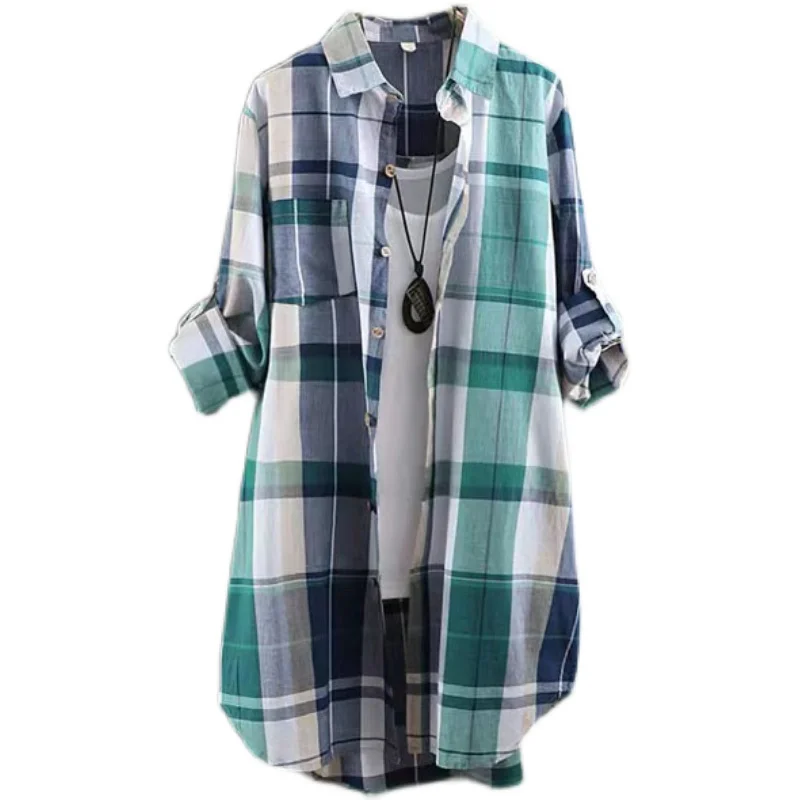 2025년 봄 가을 여성 패션 루즈핏 롱 코튼 셔츠 얇은 아우터 순면 체크 폴로 칼라 긴팔 자외선 차단