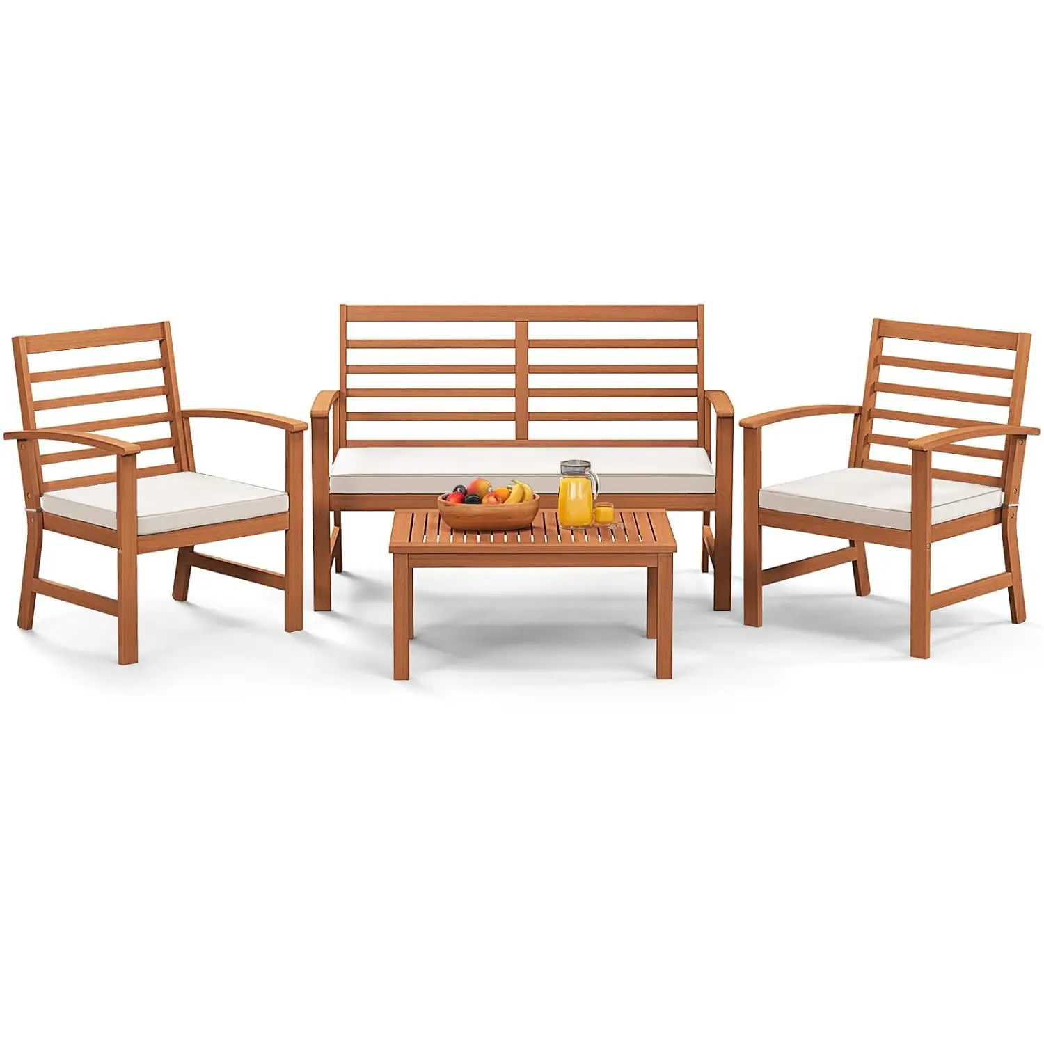 Acacia Wood Outdoor Sofa & Coffee Table Set 4-Piece w/Soft Cushions Stable Frame for Patio Backyard Porch Poolside, Customized