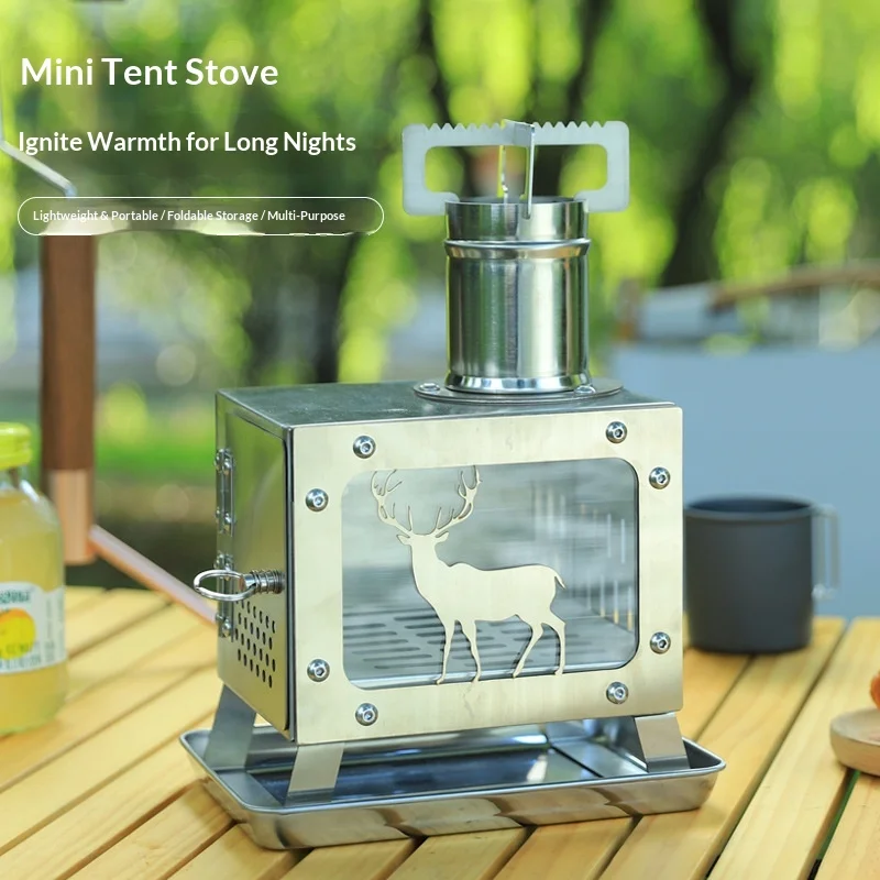 Portable Stainless Steel Wood Burning Stove Glass Window Outdoor Camping Tent Heater BBQ Grill Multifunctional Fire Pit Charcoal