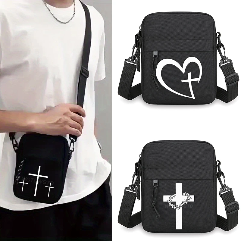 Vintage Men Casual Crossbody Bag with Jesus Cross Print Adjustable Strap Zipper Messenger Bag Christianity Travel Shoulder Bags