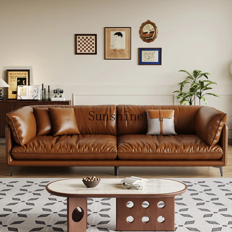 

Sofa living room minimalist leather art old brown straight row small apartment