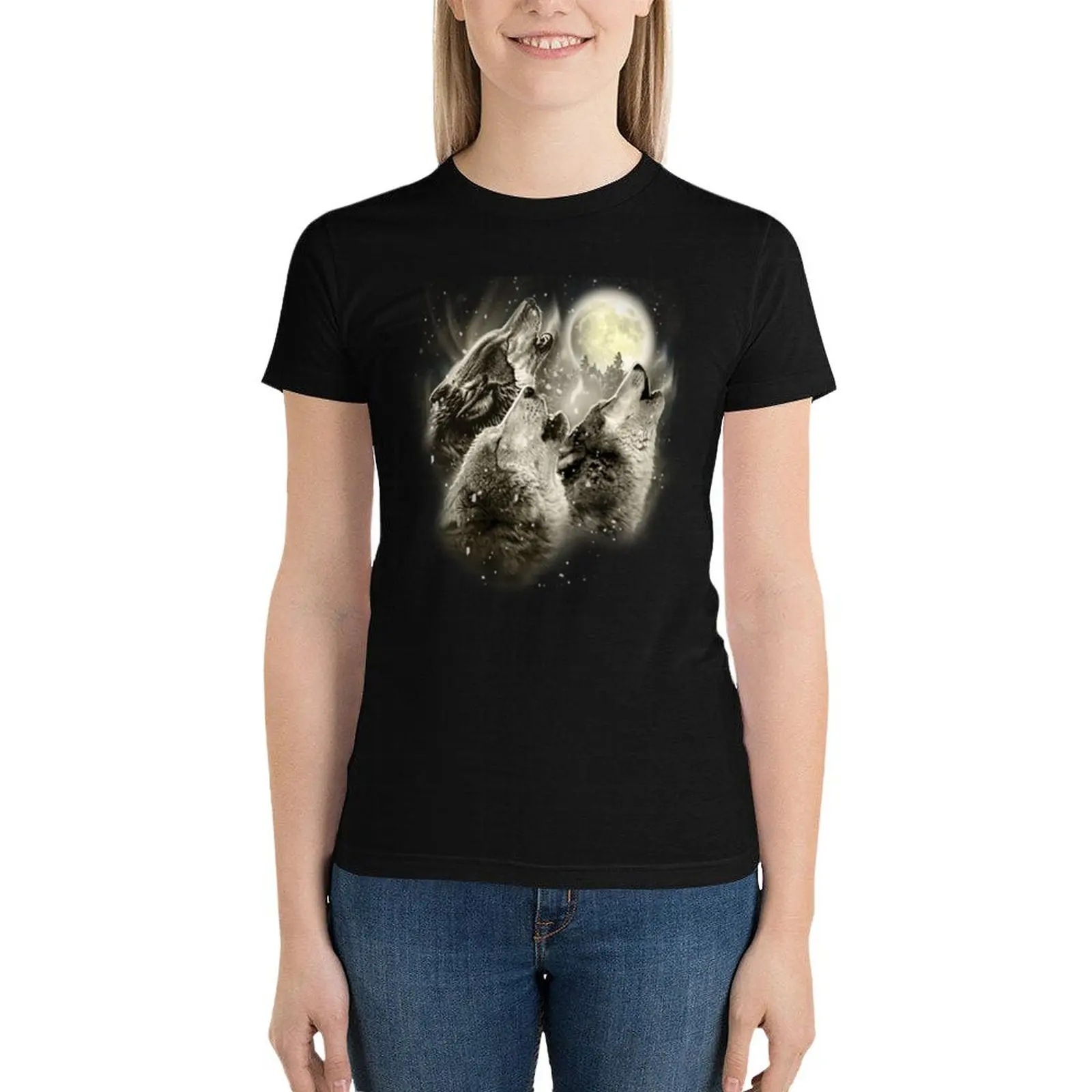 

Three Wolves Howling in Moonlight T-Shirt funny Aesthetic clothing shirts graphic tees Woman clothing