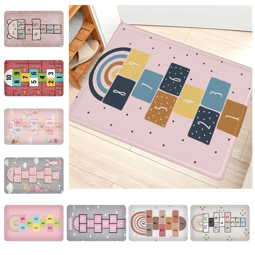 Cartoon Hopscotch Print Door Mat Washable Non-Slip Living Room Sofa Chairs Area Mat Kitchen Toilet Rug