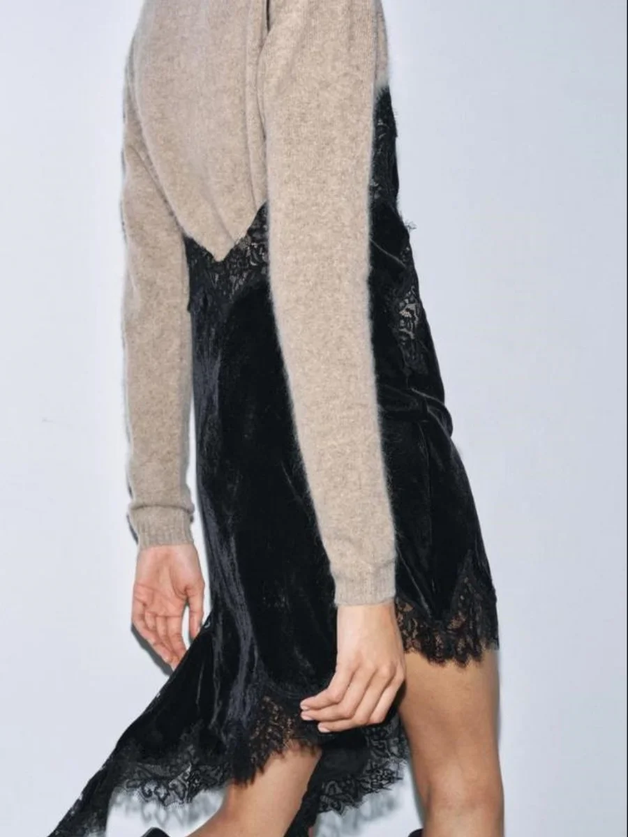 Women Chic Velvet Lace Camisole Sleeveless Backless Spaghetti Strap Lace Trim Tank Top Asymmetrical Flowy Cami Top Velour Dress