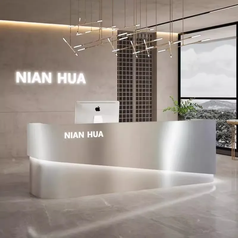 

Luxury Nordic Reception Desks Gold Stylish Metal Design Business Reception Desks Hotel Moderno Mostrador Commercial Furniture