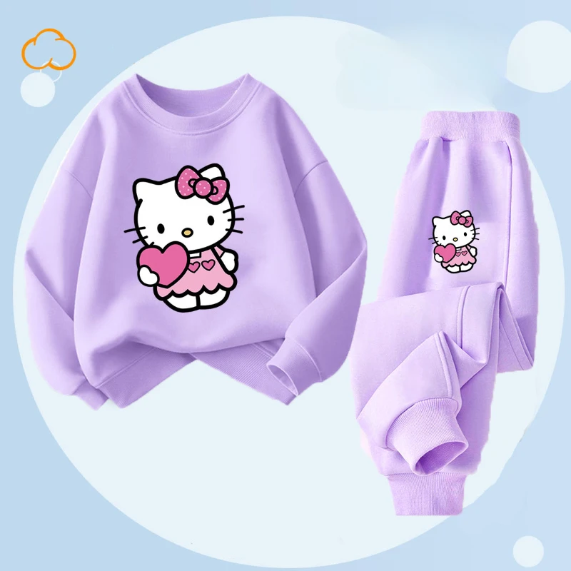 Spring Autumn Children's Sweatshirt Sets Hello Kitty Print Baby Girls Thin Breathable Pullover and Pant 2pcs Set Kids Tracksuit