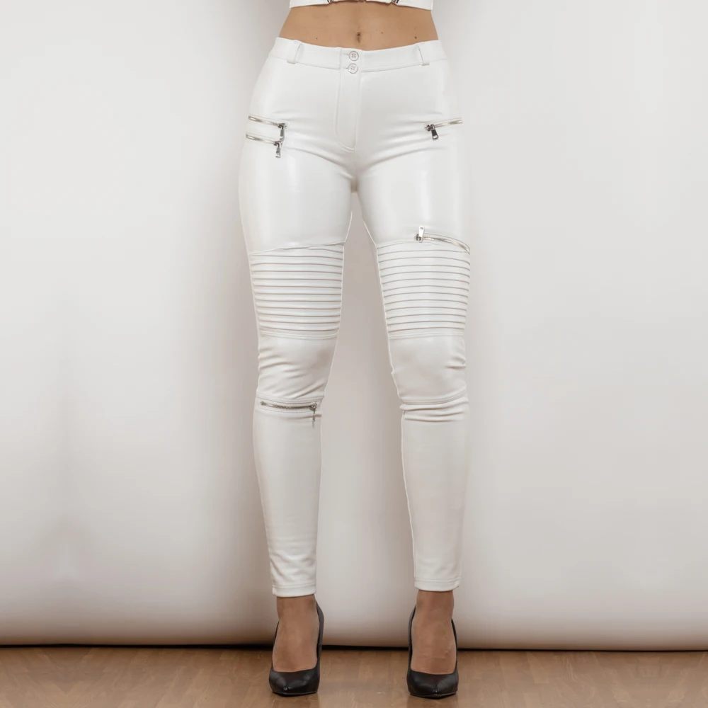 Shascullfites Melody Women Zipper Designed PU Leather Pants Casual Solid Skinny Trousers White Motor Leather Lift Pants