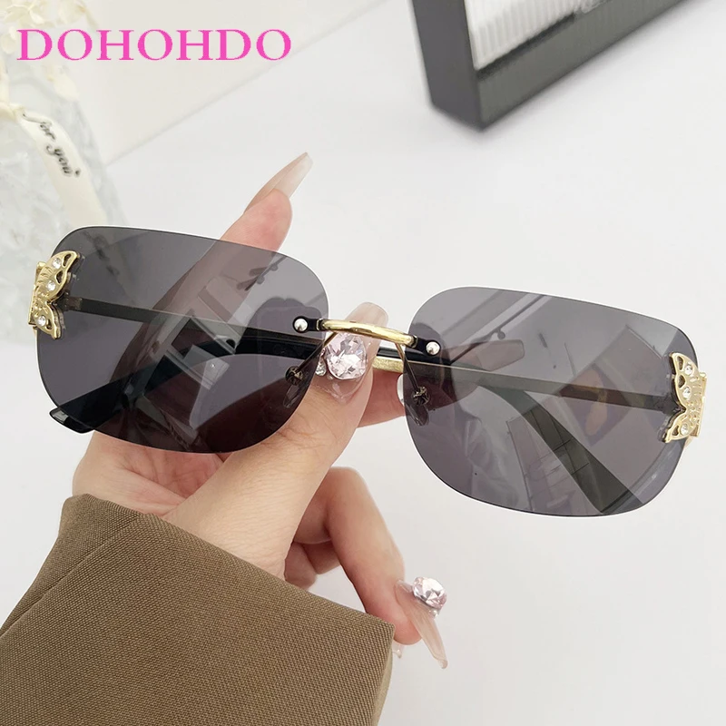 Luxury Brand Design Rimless Sunglasses Women Fashion Decorative Trending Delicate Butterfly Sun Glasses Outdoors Travel UV400