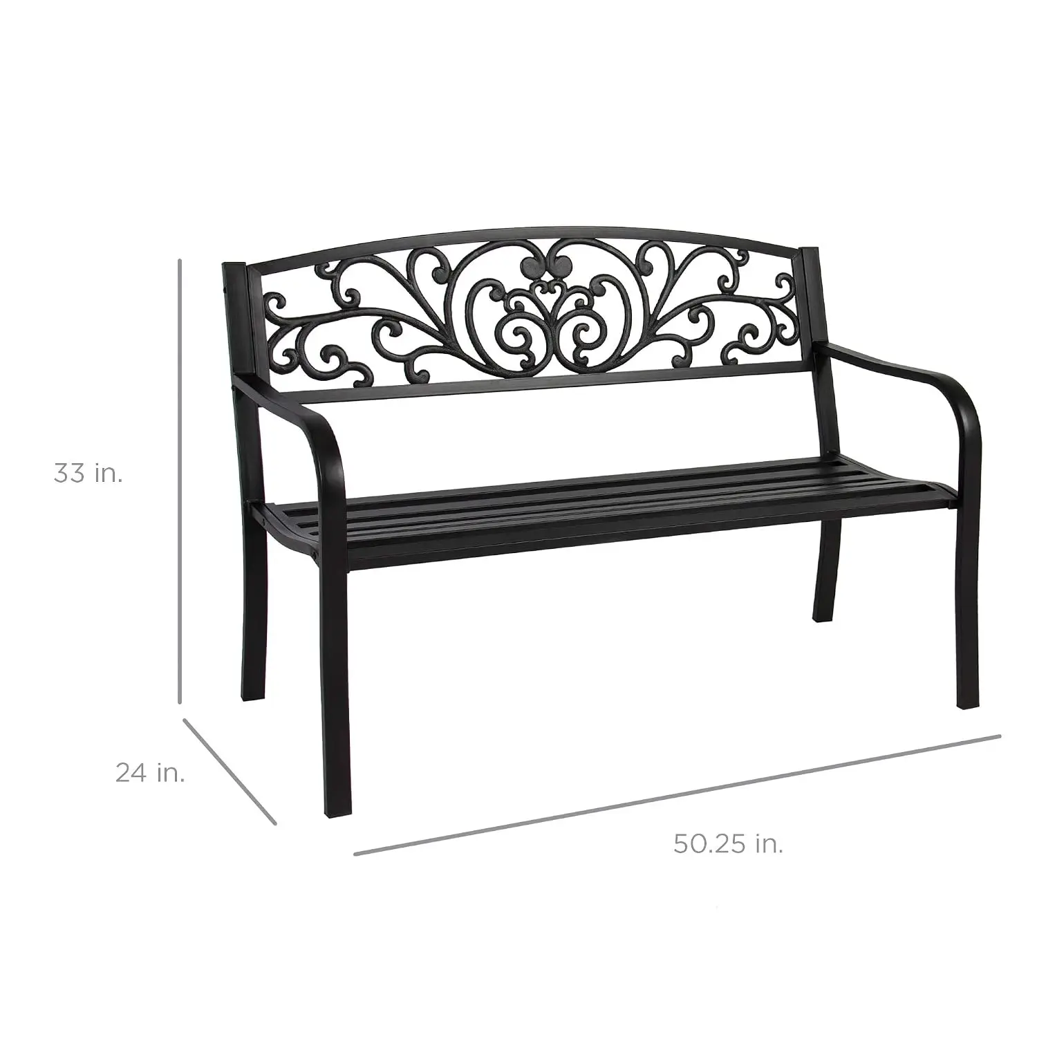 Outdoor Bench Steel Garden Patio Porch Furniture for Lawn, Park, Deck w/Floral Design Backrest, Slatted Seat