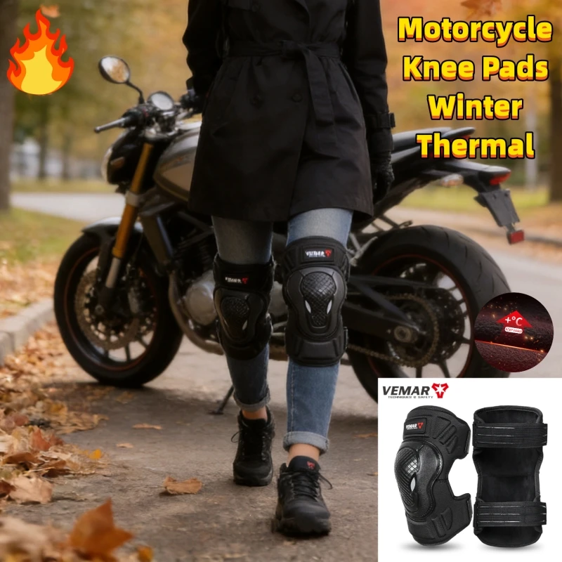 VEMAR Fleece Lined Winter Motorcycle Knee Pads Thermal Warm Anti-Slip Riding Protective Gear for Men Women Motorbike Knee Pads