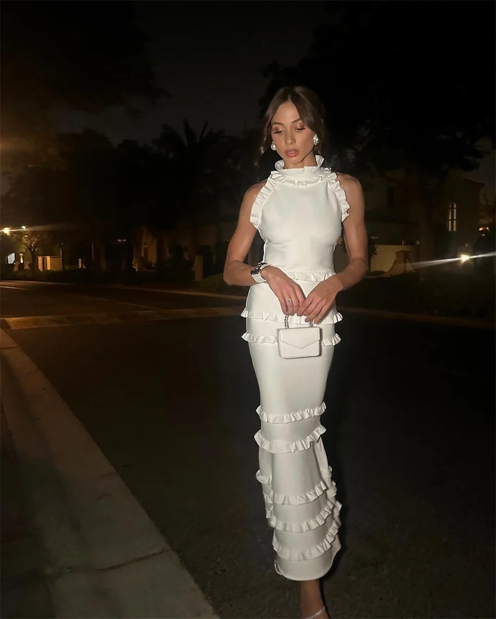 Mila High Neck Layered Prom Dresses Mermaid Ankle-Length Customized Evening Dresses White Sleeveless vestidos de fiesta 2025