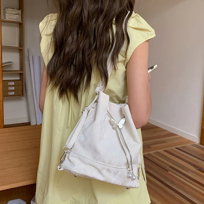 Women Mint Green Butterfly Drawstring Backpack Lady New Korean Style Jacquard Mini Bucket Bag Female Cutecore Shoulder Bags - view 4