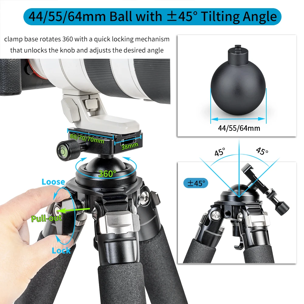 Tripé de fibra de carbono INNOREL P324C/P364C/P404C com montagem em cauda de andorinha Arca Swiss e 360 ° Esfera embutida para tiro e atividades ao ar livre