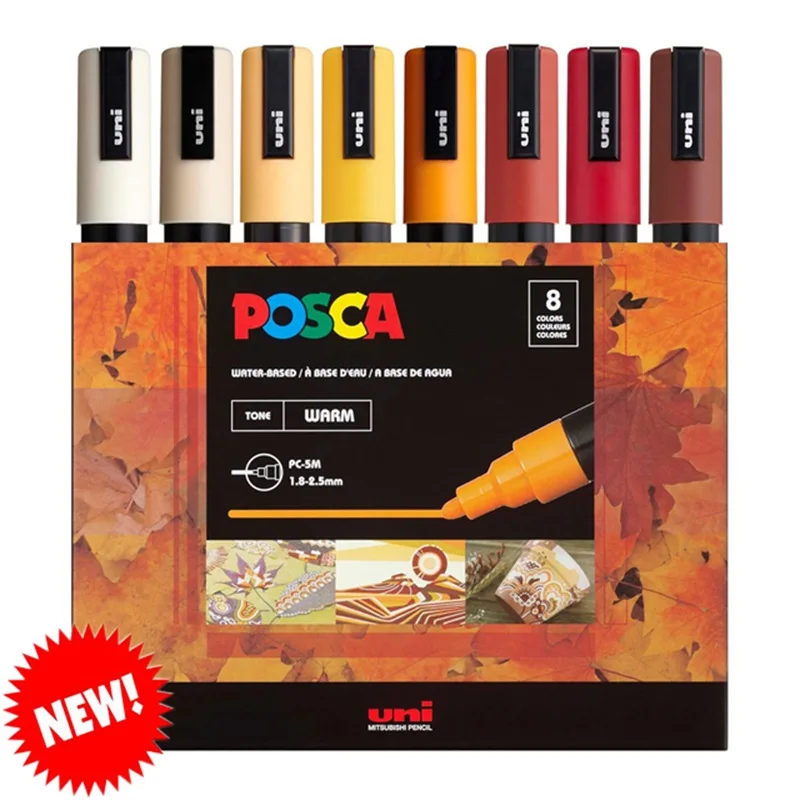 New Uni Posca Marker Pen PC-5M 8 Color Set,Line width 1.8-2.5mm Medium Paint Pens,Acrylic Water-Based Painting Graffiti Art Tool