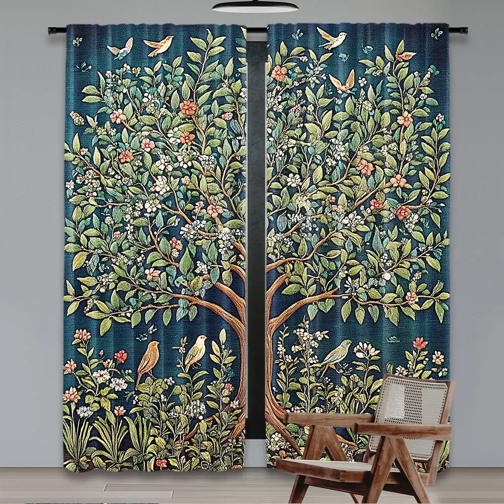 2Pcs Boho William Morris Curtain Vintage Tree Of Life Art Style Tree With Flowers Curtain Suitable For Bedroom Living Room