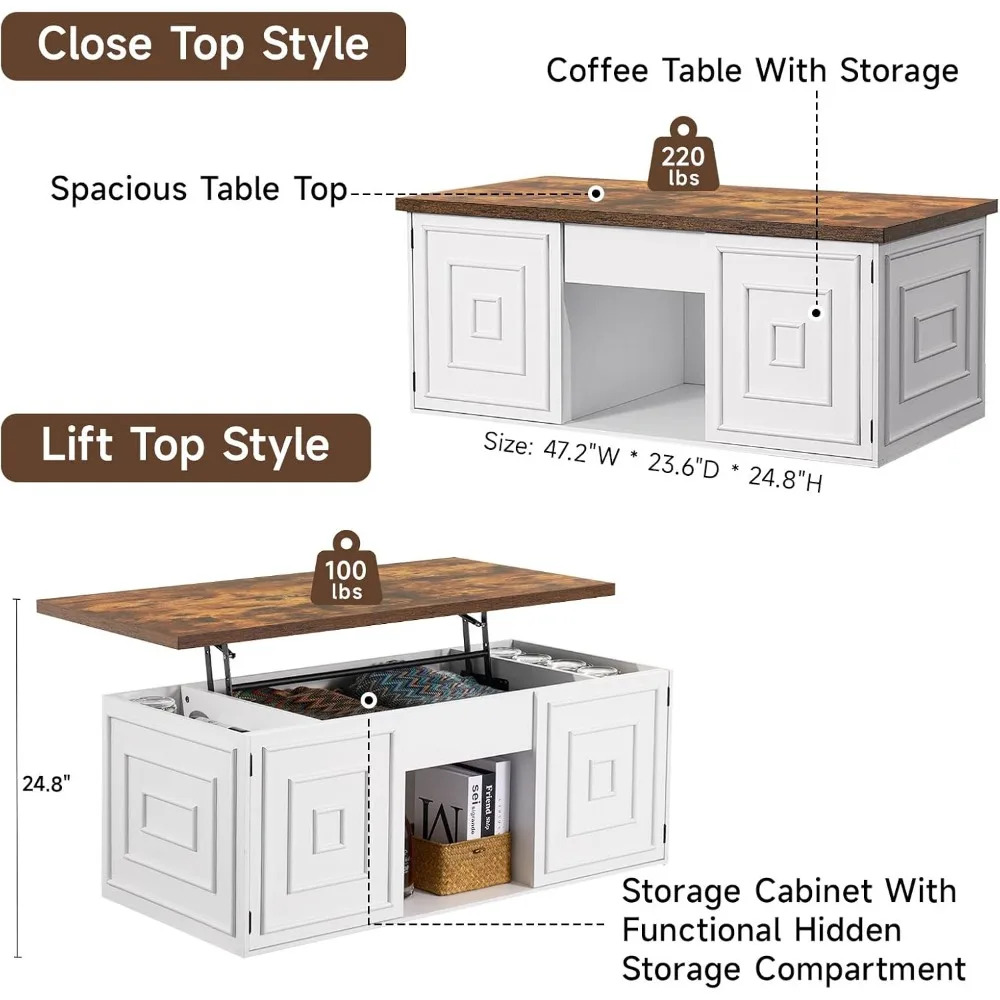 Lift Top Coffee Table with Storage, 48 Rustic Center Table with Hidden Storage Compartment and 2 Cabinet, White Coffee Table
