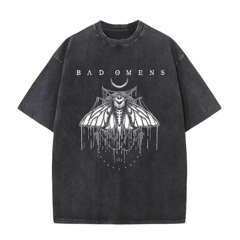 

Washed Vintage Bad Omens Print T-shirt Funny Moth Graphic Tshirt Men Women Fashion Hip Hop Streetwear Short Sleeve T-shirts