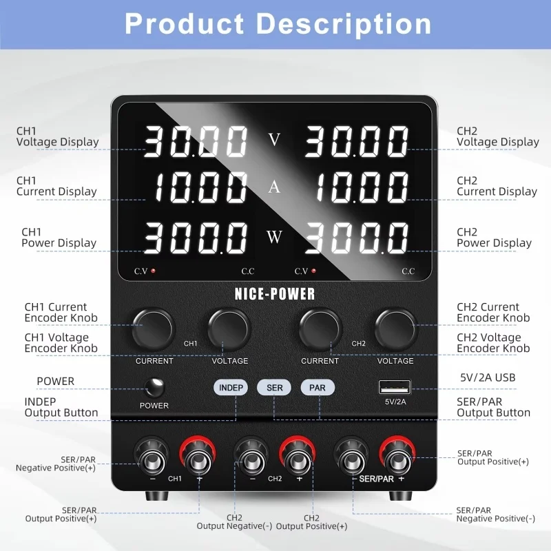 Dual Output Lab Power Supply, 30V 10A Adjustable Switching Regulated Series (60V 10A) Parallel (30V 20A) Power Supply
