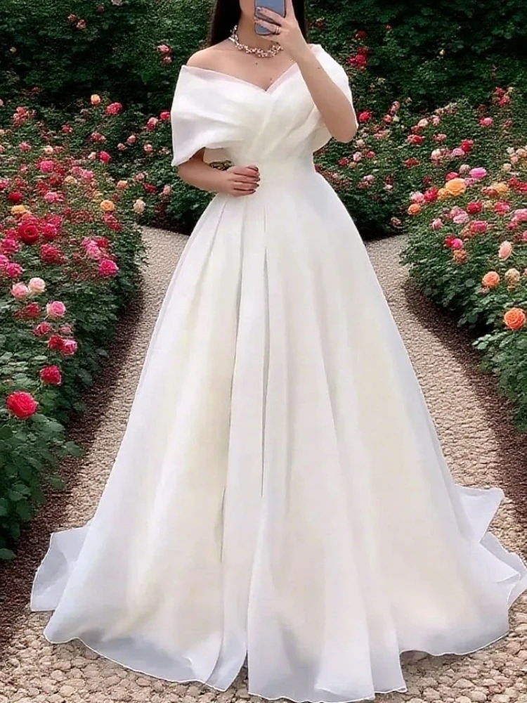 Vestido de novia de Organza con hombros descubiertos, largo hasta el suelo, de princesa, de tul, plisado largo, hecho a medida