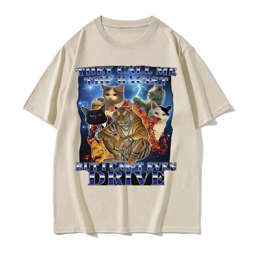 يطلقونني عنصريًا ولكن لا أستطيع القيادة مضحك القط الميمات النساء ريترو موضة الشارع نمط شخصية الجرافيك تي شيرت الصيف Y2K #4