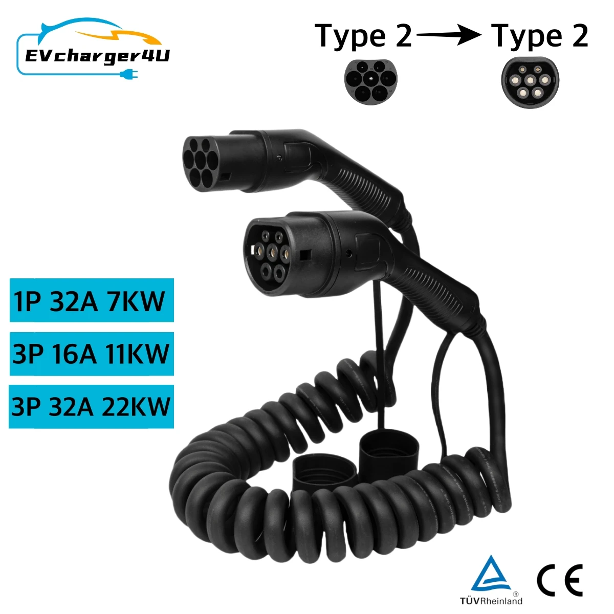 EVcharger4U tipo 2 EV cavo a spirale di ricarica 1 fase 32A 7KW 7M, 3 fasi 22KW 5M modalità 3 cavo di ricarica a spirale per auto elettrica CE TUV