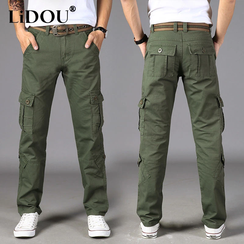 Summer New Solid Color Casual Pockets Cargo Pants Man Thin Style Cotton Outdoor Camouflage Clothing Street Y2K Straight Trousers