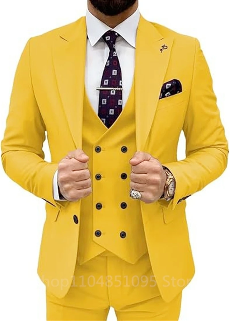 Handsome Beige Wedding Mens Suits Slim Fit Groom Tuxedos Peak Lapel 3PCS Jacket Business Male Blazer Clothing(Jacket+Pants+Vest）
