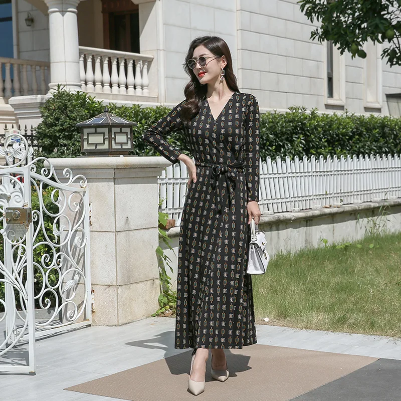 Pg dvf2024 슬림 원피스 용수철, 우아한 슬리밍 랩, 원피스 프린트 원피스 여성, 가을 신상