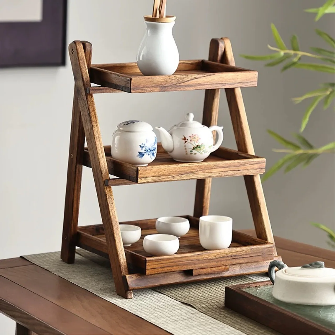 

Three-Tier Solid Wood Folding Storage Rack Installation-Free for Countertop Organization