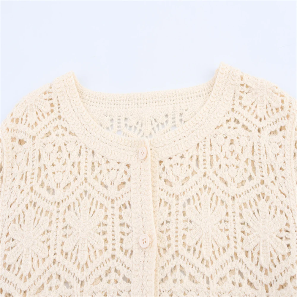 منتج صيفي جديد عصري كاجوال برقبة دائرية وأكمام طويلة نمط موجة مجوف سترة محبوكة #6