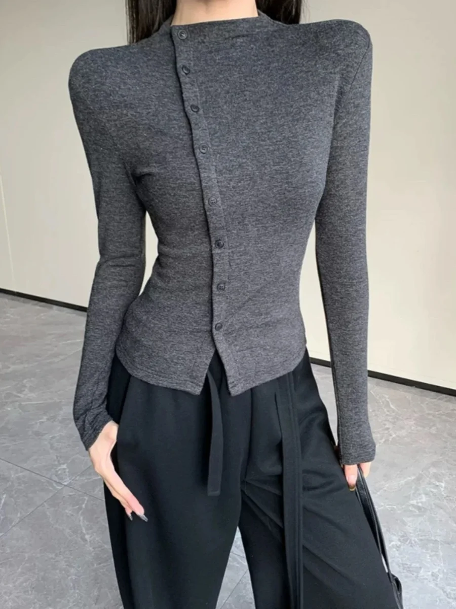 

ay Long Sve Вязаная основа irt Женская облегающая футболка для внутреннего ношения Осень-зима Новый топ на пуговицах из полиэфирного волокна