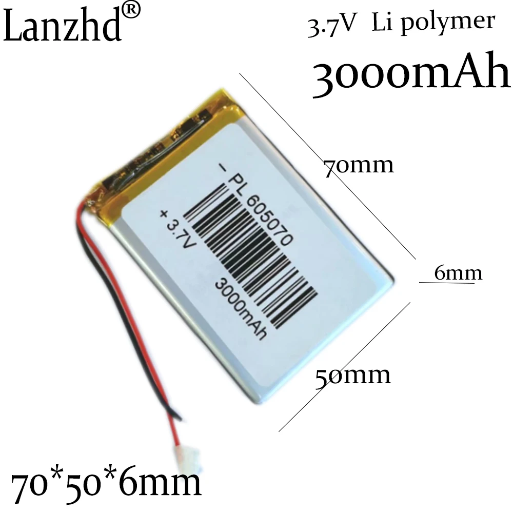 1-12pcs 3.7V 605070 Li polymer lithium battery 3000mAh flat universal battery DIY mobile power core LED Batteries Li-ion