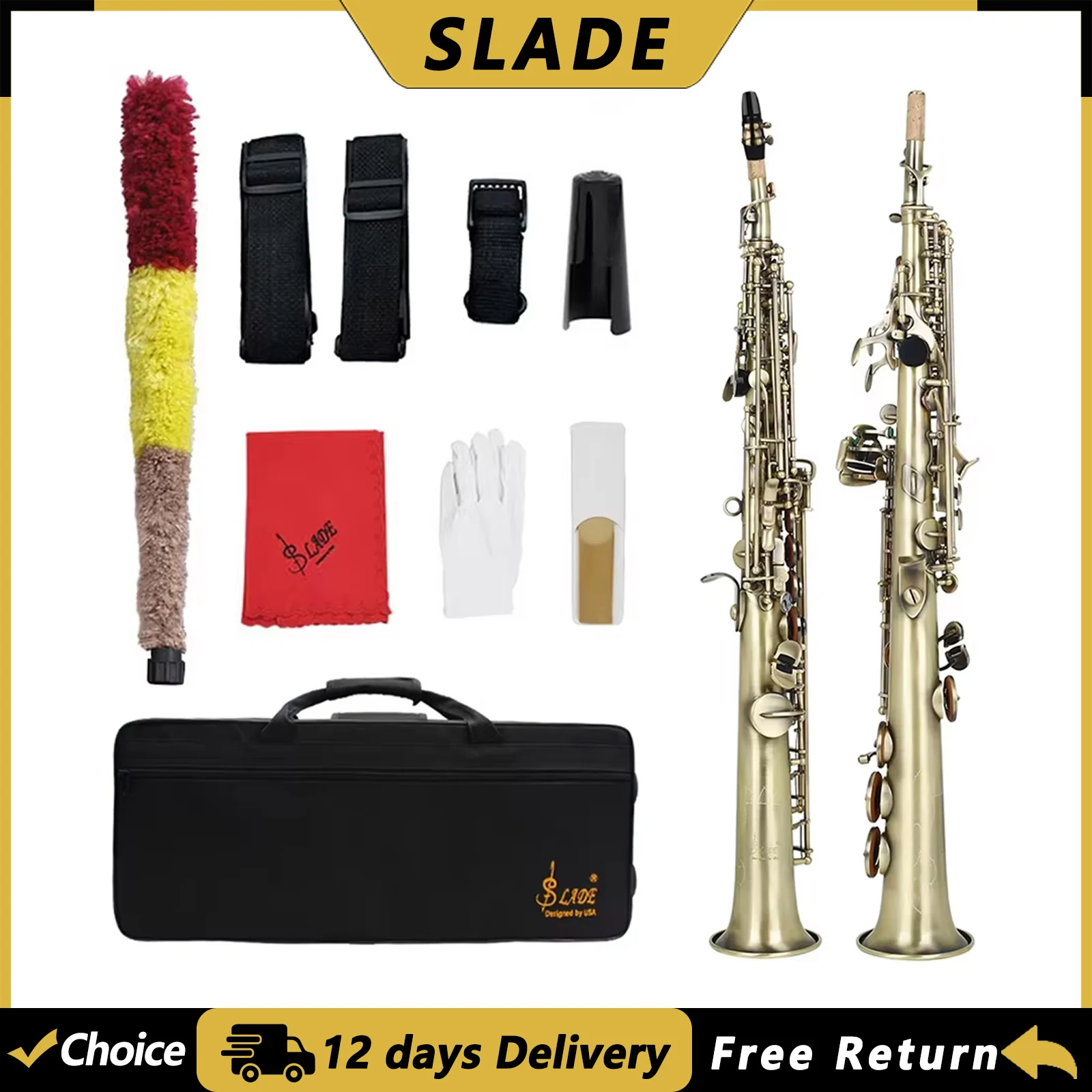 SLADE WT991 Soprano Saxophone Bb Brass Body Cyan Antique Straight Sax Woowind Instrument Saxfone with Case Reeds Accessories