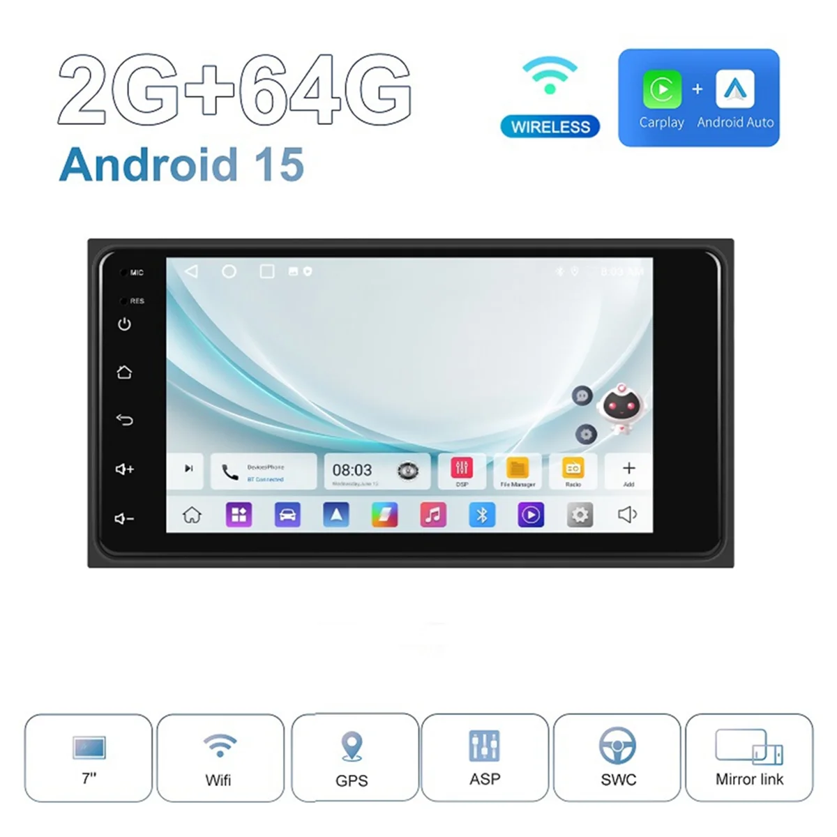 Pemutar Multimedia Otomatis Android Carplay Radio Mobil 7In Android 15 untuk Prado 4Runner,2G+64G