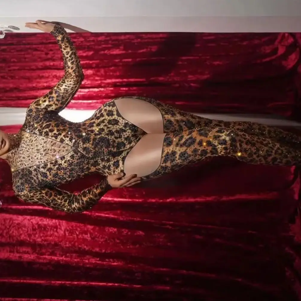 

Sexy Leopard Turtleneck High Street Jumpsuit Women 2024 Nightclub Rhinestones Dance Performance Costume Celebrate Stage Wear