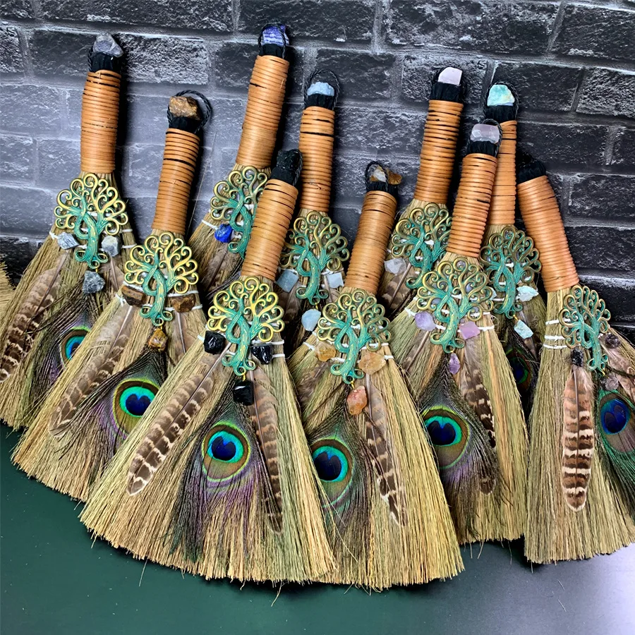 Broom Large Broom Natural Amethyst Tree of Life Peacock Feather Altar Ornaments Broom and Dustpan Set