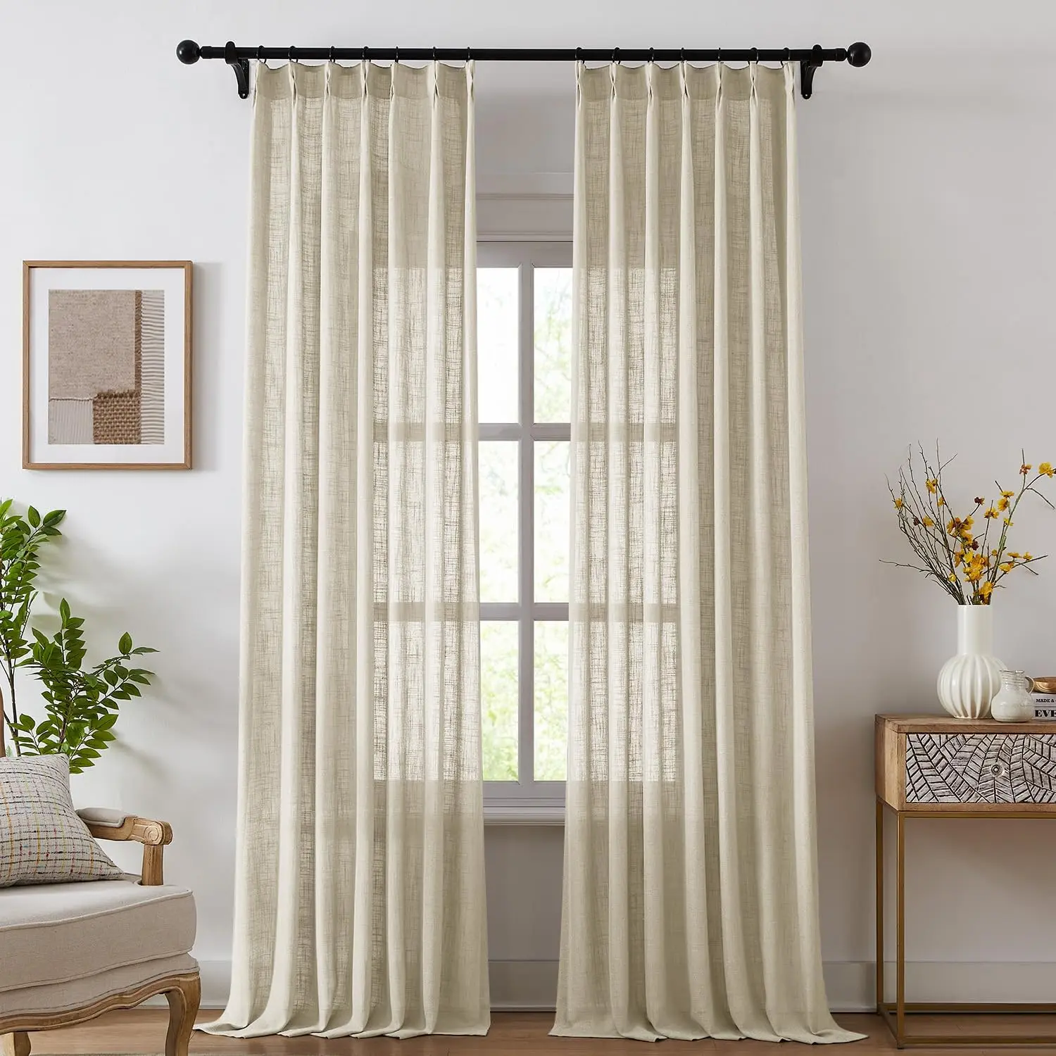 

Плиссированные льняные шторы для гостиной, светопропускающие, 96 дюймов в длину, в стиле фермерского дома, натуральные, с крючками, 2 панели