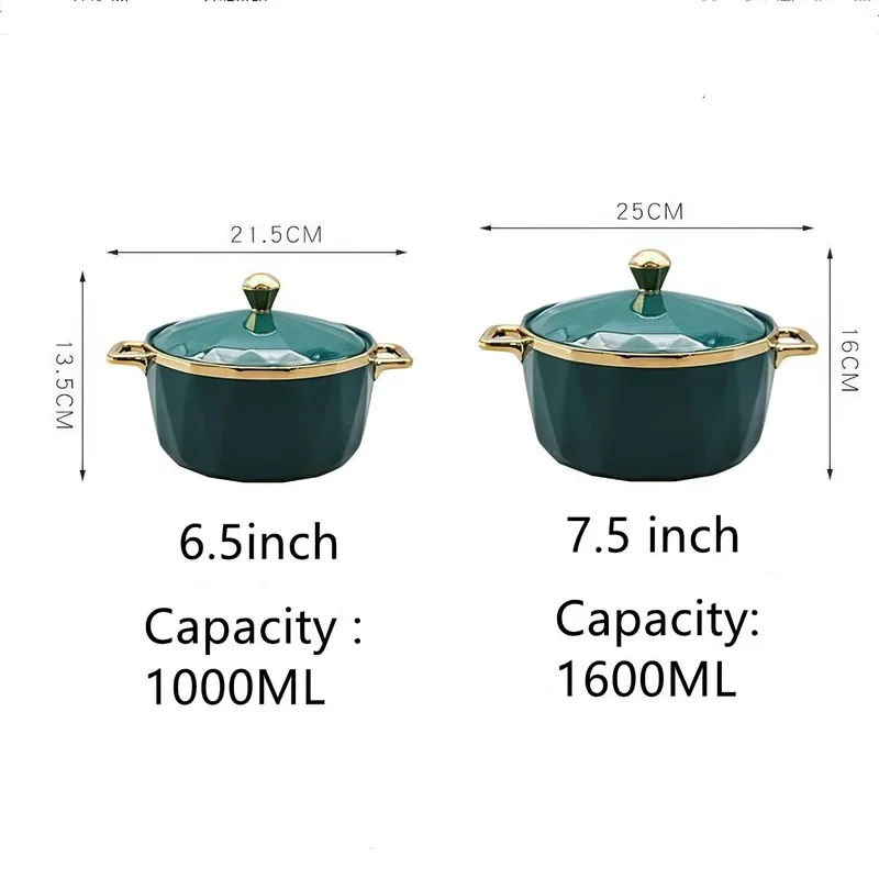 Ceramic Large Soup Bowl Green Phnom Penh Noodle Fruit Salad Ramen Pot Handle Lid Dinnerware Household Kitchen Supplies Tableware