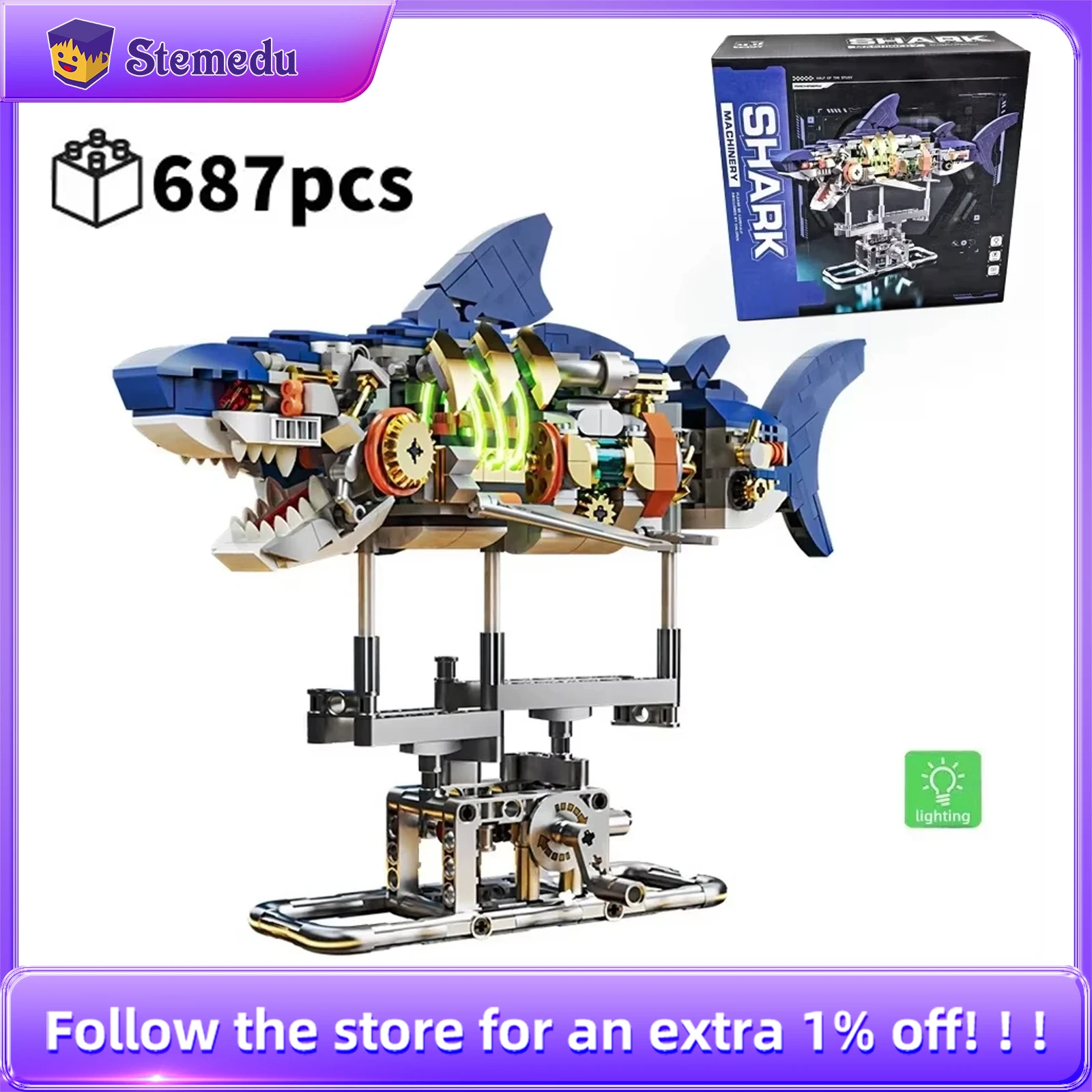 

Creative Mechanical Shark Sea Animal Life Set With Light Display Stand Building Blocks Bricks Model Assembly Toys For Kid Gifts