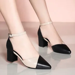 Comemore Summer Women Pointed Thick Heel Cute Sweet Buckle 2021 Sandals Pumps Ladies Casual Black Pu Leather High Mid Heel Shoes