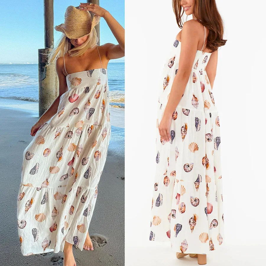 2024 primavera verão nova cinta impressa em camadas ins solto férias vestido feminino