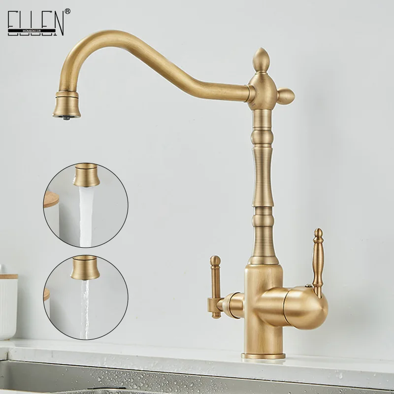 

Brass antique light luxury three-in-one pure water faucet household sink wash basin hot and cold water faucet splash-proof E1489