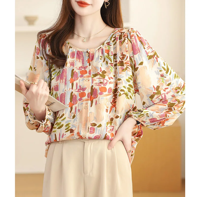 Women Clothing French Style Vintage Broken Flowers Print Shirts Spring Autumn Casual Loose O-neck Button Blouses Chic Y2k Tops