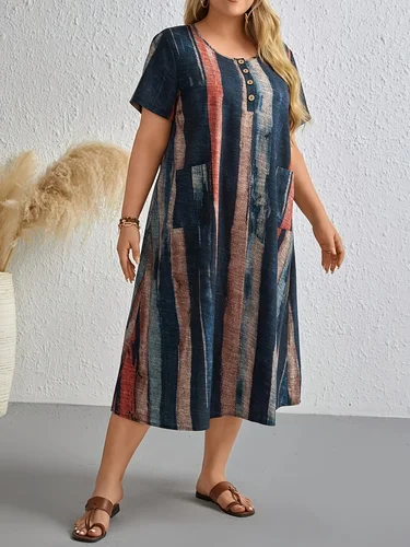 Imagen 2 del producto Vestido estampado de cuello redondo sin mangas multicolor de talla grande para mujer, adecuado para primavera/verano/otoño: estilo de cuello alto de gran tamaño