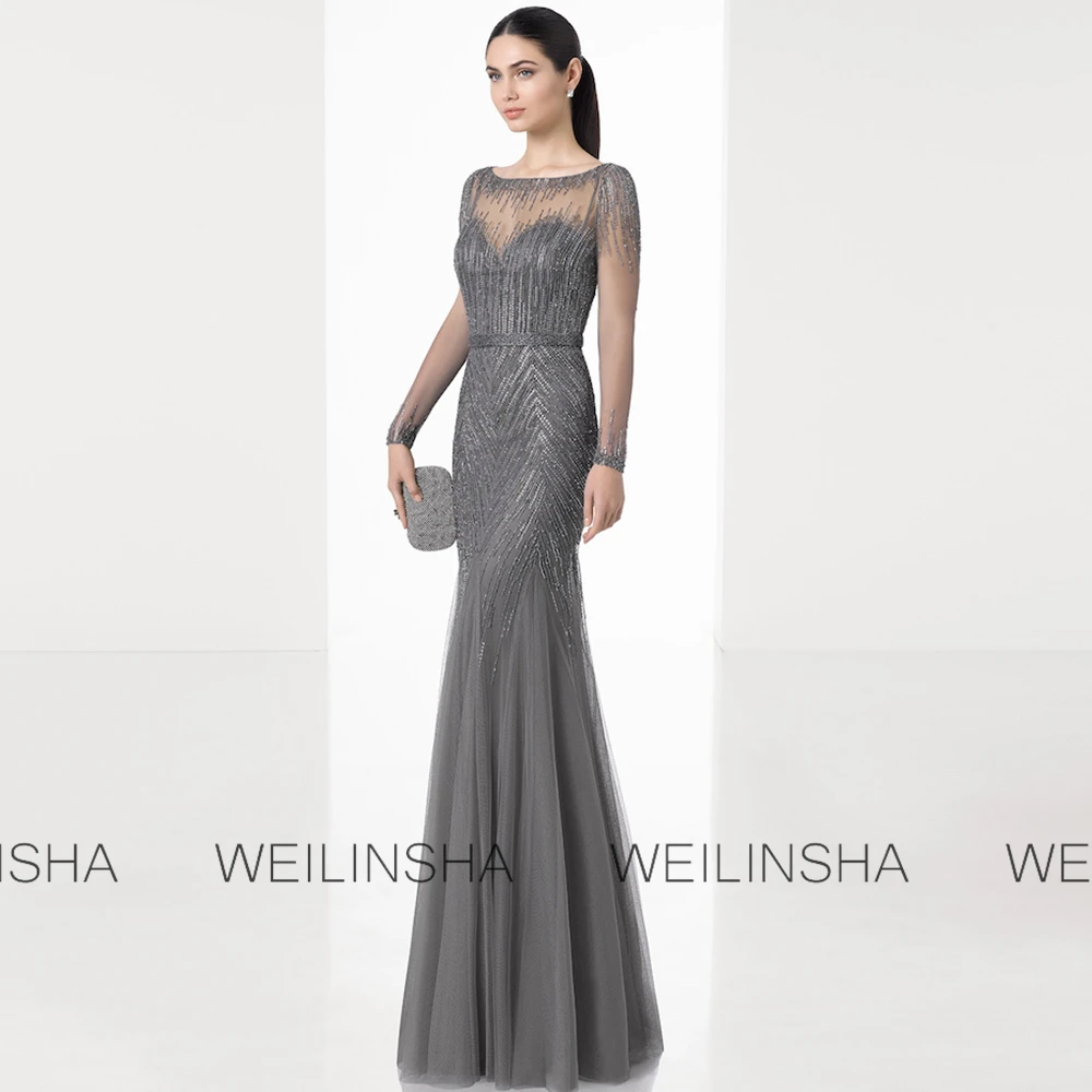 Glitz e glam convidados vestidos de festa de casamento chiffon sereia vestido de noite cinza o-pescoço contas botões mãe da noiva vestido