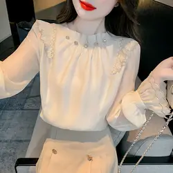 French Chic High-end Shirt for Women with Long Sleeves and Wooden Ear Lining New Chiffon Top