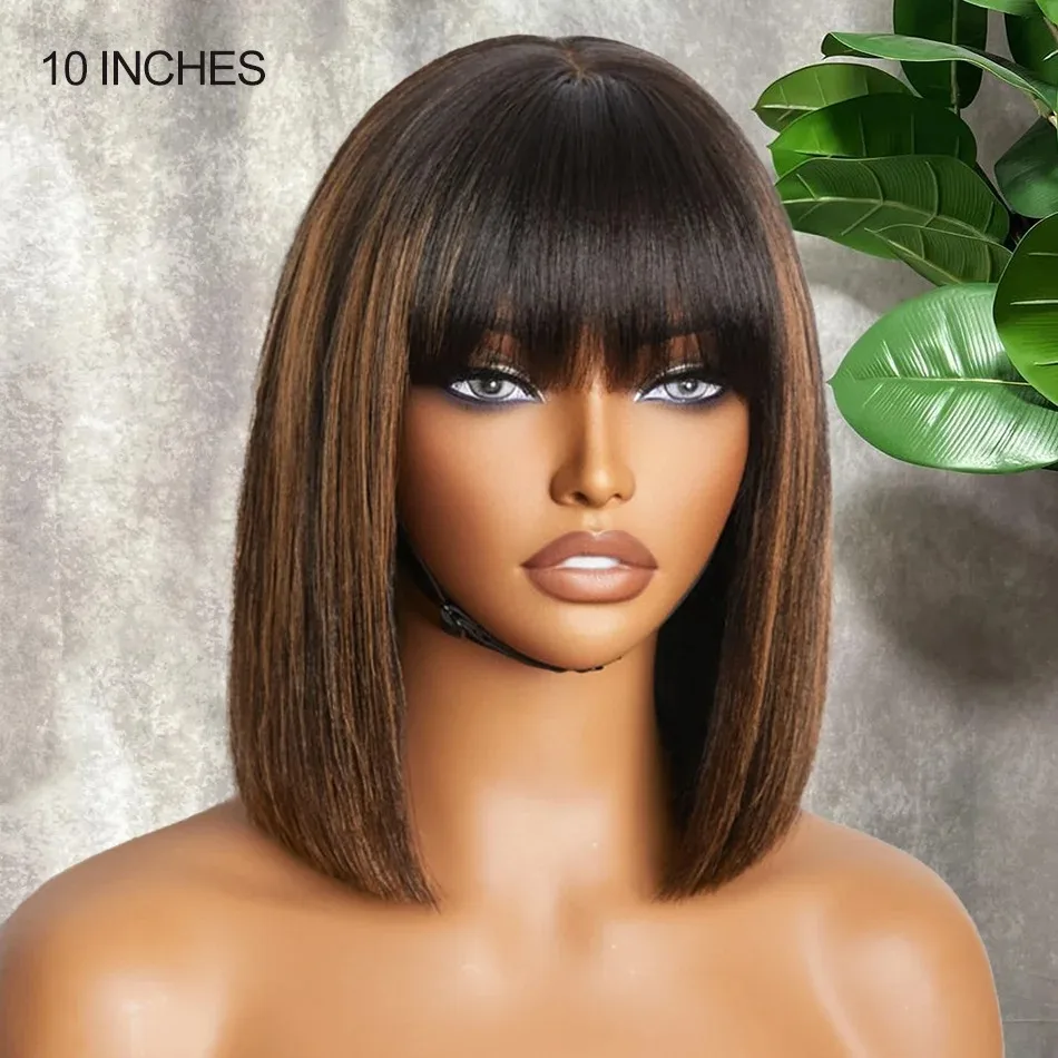 Perruque Bob courte droite avec frange pour femme, cheveux 100% humains, surbrillance brune, mettre et aller, Yaki réaliste, minimaliste, 3 bronchlace