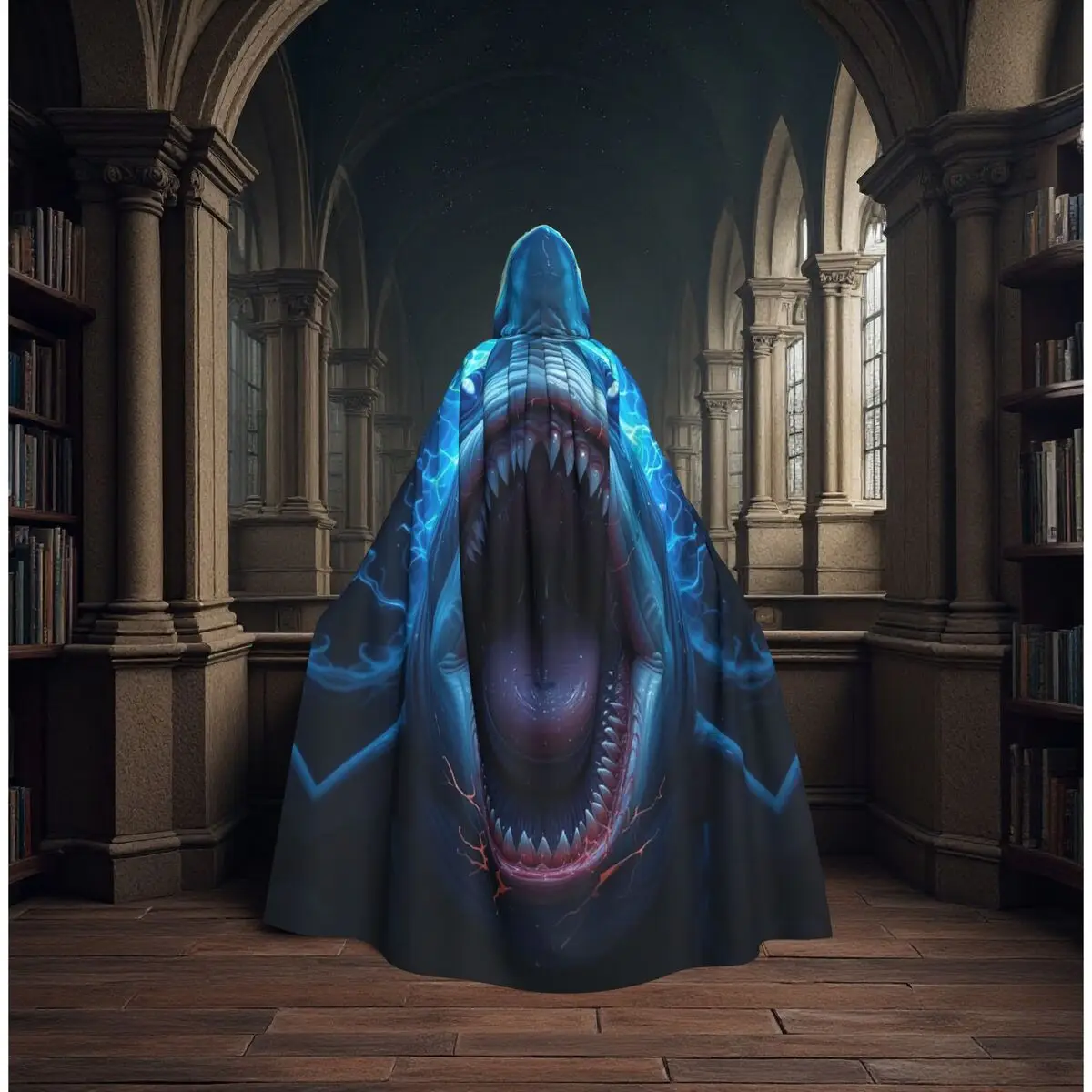 

Shark Teeth And Fin Ocean Theme Long Hooded Cloak Witch Medieval Costume Cosplay Cape HalloweenParty Adult Unisex