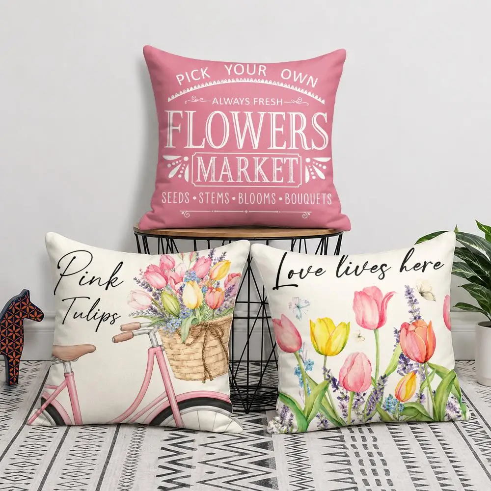 Pink Tulip Bicycle Cushion Cover Short Plush Soft Double-Sided Printing Pillow Case Cozy Sofa Bedroom Home Decor Gift